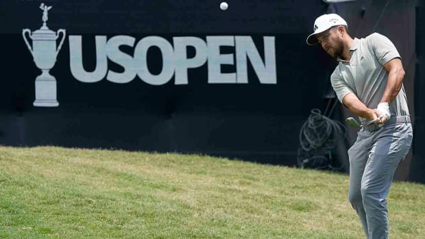 Xander Schauffele hits a pitch shot during practice for the 2023 U.S. Open at Los Angeles Country Club.